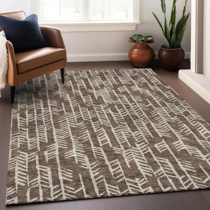 Brown And Beige Tribal Washable Area Rug With UV Protection Photo 5