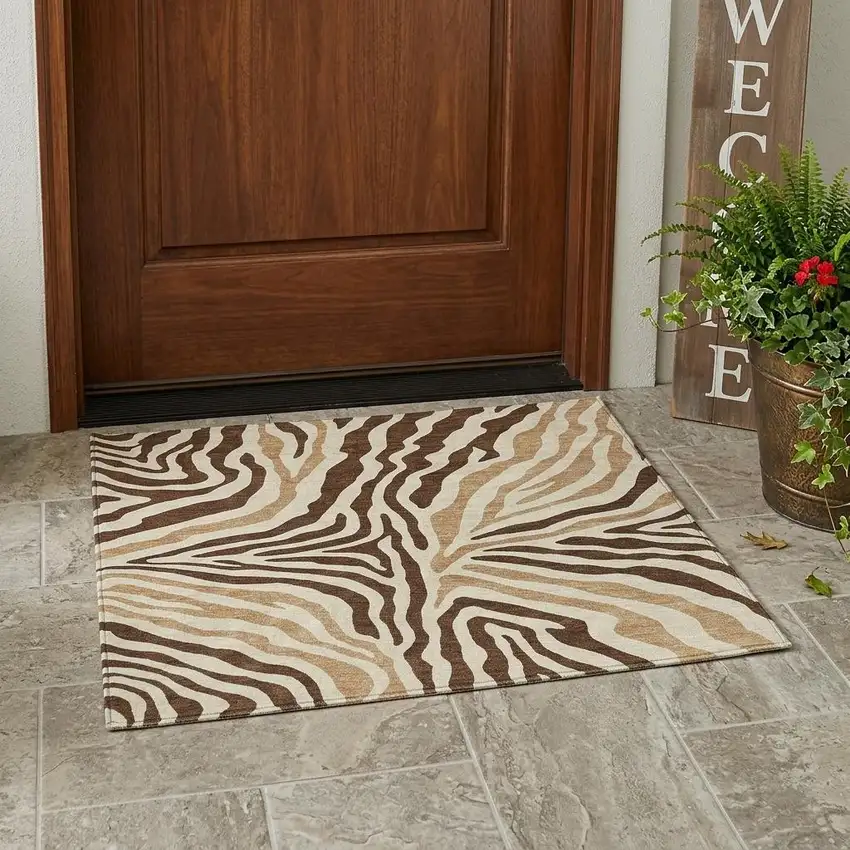 Brown And Beige Zebra Print Washable Indoor Outdoor Area Rug Photo 1