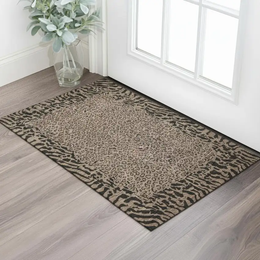 Brown And Black Animal Print Washable Area Rug With UV Protection Photo 2