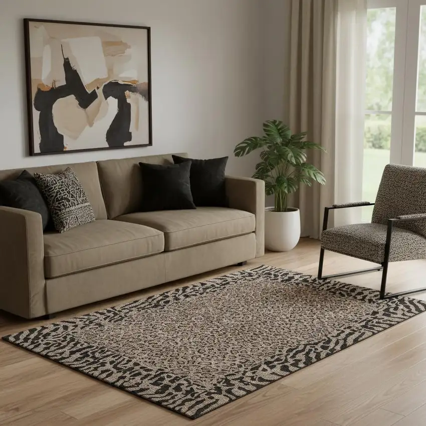 Brown And Black Animal Print Washable Area Rug With UV Protection Photo 2