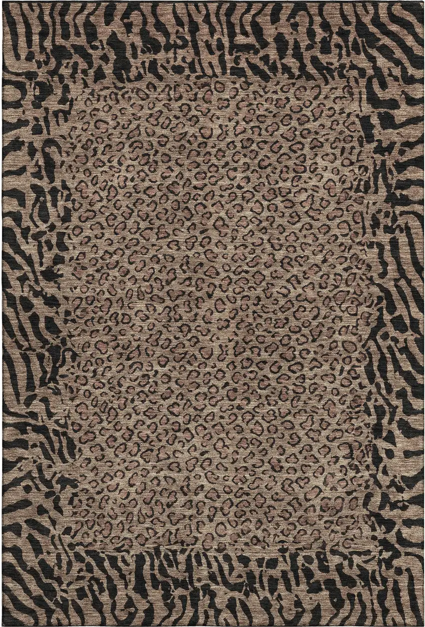 Brown And Black Animal Print Washable Area Rug With UV Protection Photo 1