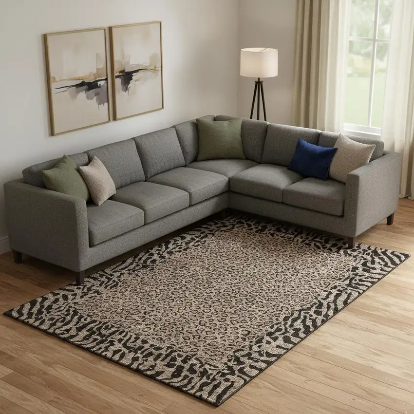 Brown And Black Animal Print Washable Area Rug With UV Protection Photo 2