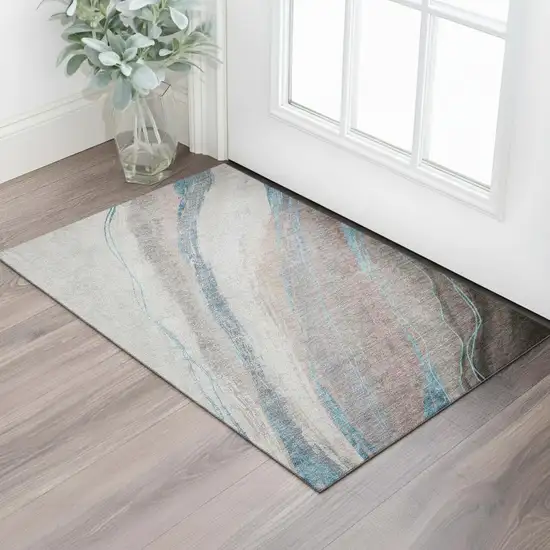 Brown And Blue Abstract Washable Area Rug With UV Protection Photo 2