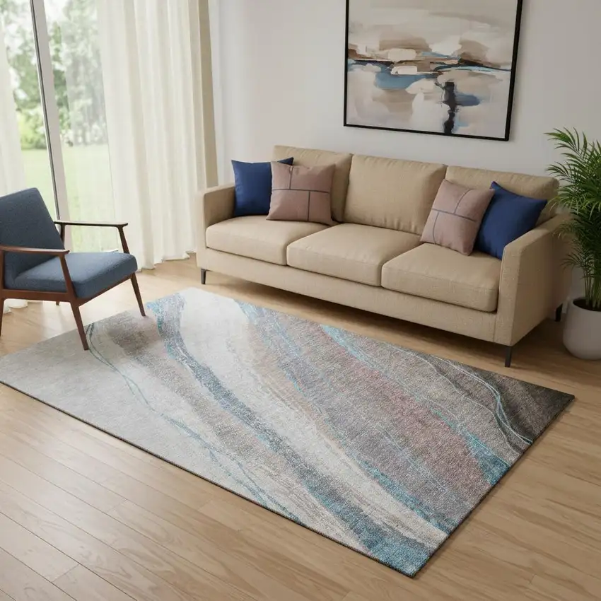 Brown And Blue Abstract Washable Area Rug With UV Protection Photo 2