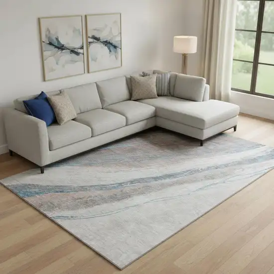Brown And Blue Abstract Washable Area Rug With UV Protection Photo 2
