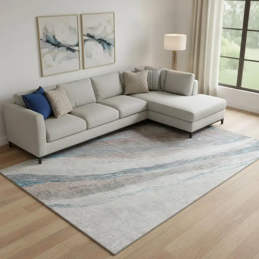 Brown And Blue Abstract Washable Area Rug With UV Protection Photo 2