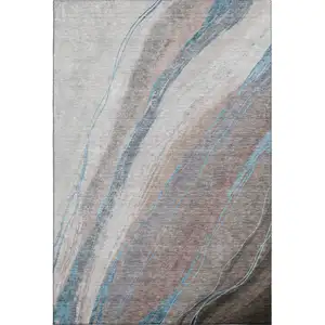 Photo of Brown And Blue Abstract Washable Area Rug With UV Protection