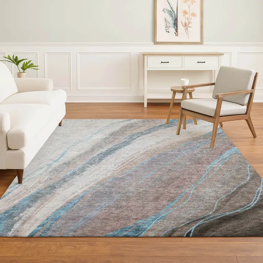 Brown And Blue Abstract Washable Area Rug With UV Protection Photo 6