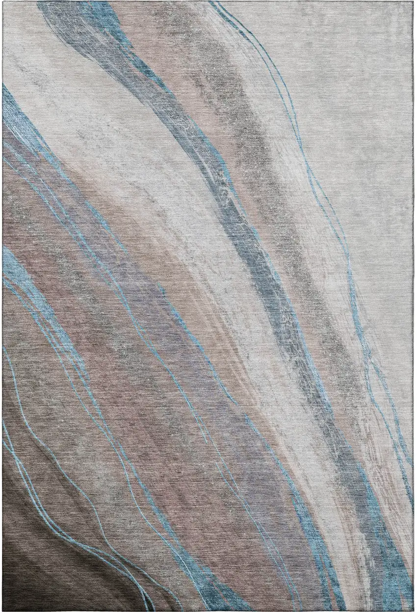 Brown And Blue Abstract Washable Area Rug With UV Protection Photo 4