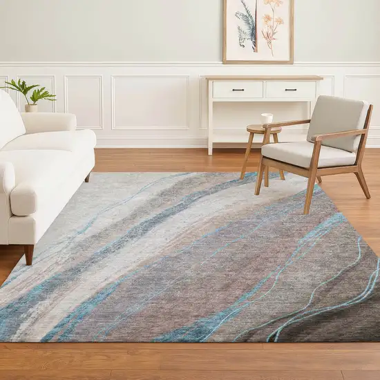 Brown And Blue Abstract Washable Area Rug With UV Protection Photo 6