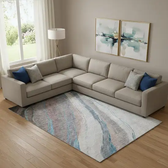 Brown And Blue Abstract Washable Area Rug With UV Protection Photo 2