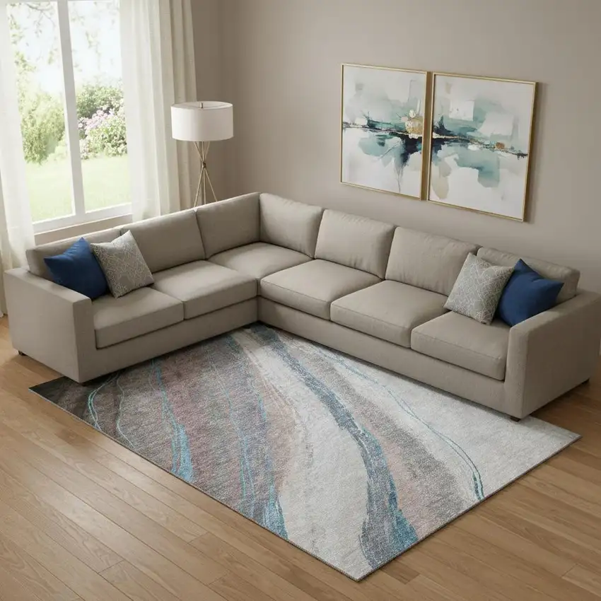 Brown And Blue Abstract Washable Area Rug With UV Protection Photo 2