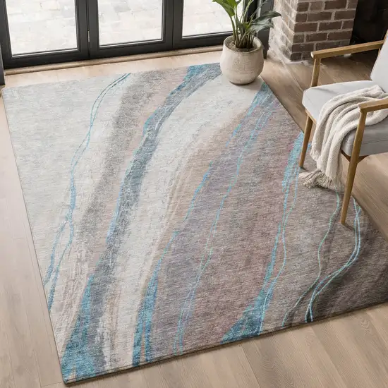 Brown And Blue Abstract Washable Area Rug With UV Protection Photo 5