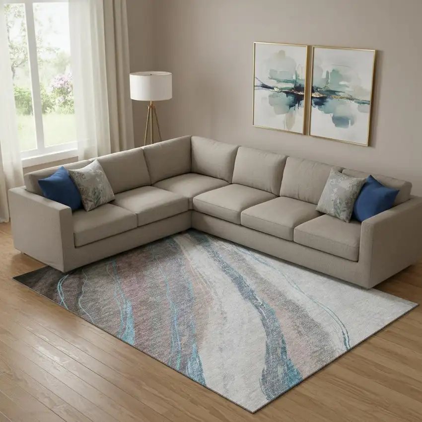 Brown And Blue Abstract Washable Area Rug With UV Protection Photo 2