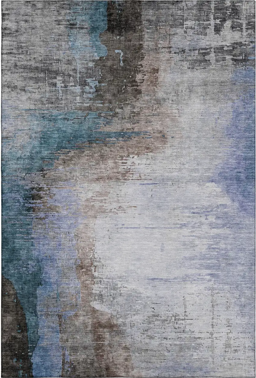 Brown And Blue Abstract Washable Area Rug With UV Protection Photo 1