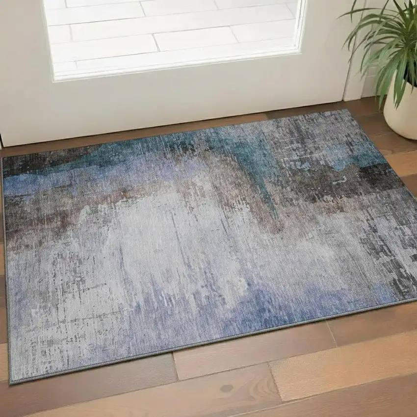 Brown And Blue Abstract Washable Area Rug With UV Protection Photo 2