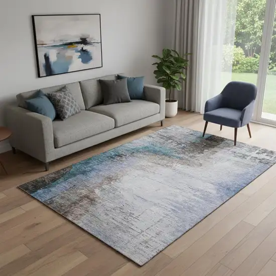 Brown And Blue Abstract Washable Area Rug With UV Protection Photo 2