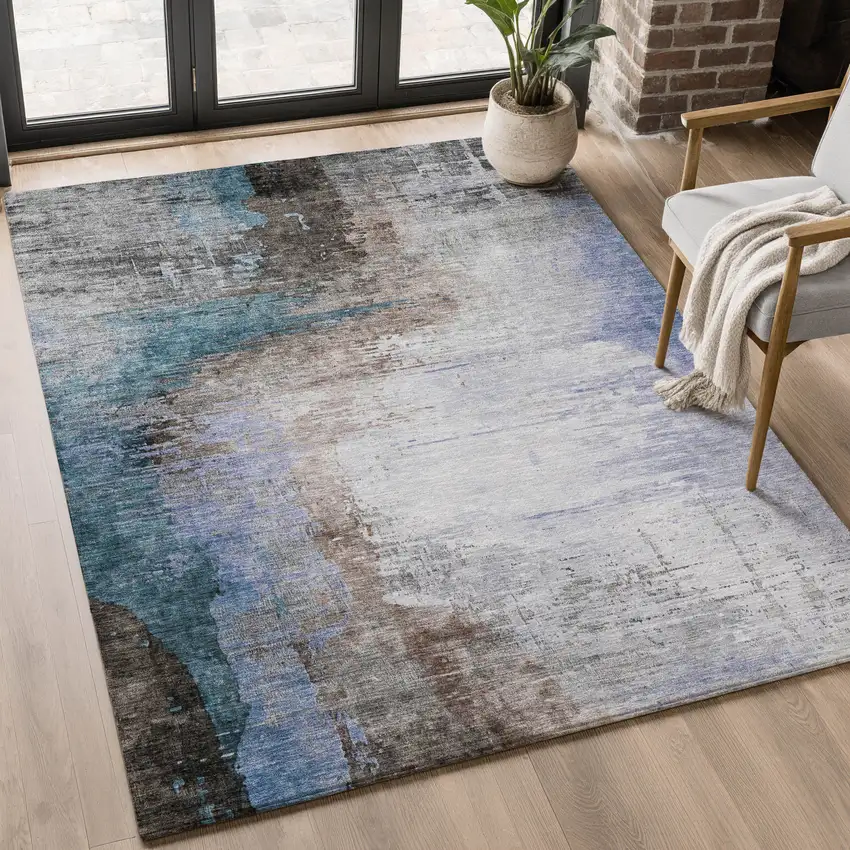 Brown And Blue Abstract Washable Area Rug With UV Protection Photo 5