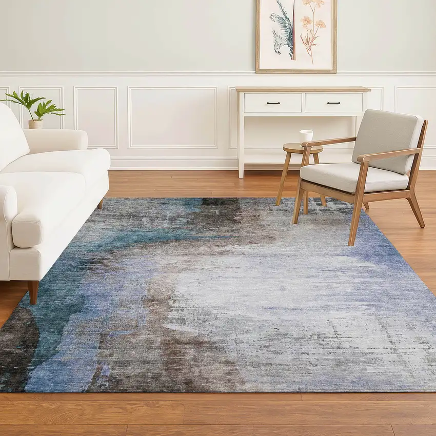 Brown And Blue Abstract Washable Area Rug With UV Protection Photo 6