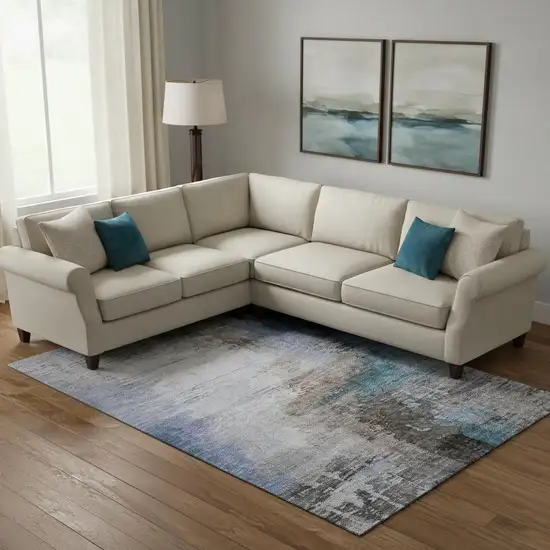 Brown And Blue Abstract Washable Area Rug With UV Protection Photo 2