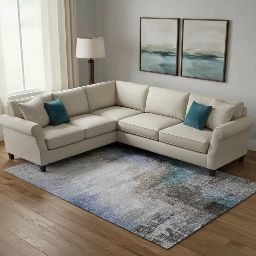 Brown And Blue Abstract Washable Area Rug With UV Protection Photo 2