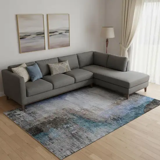 Brown And Blue Abstract Washable Area Rug With UV Protection Photo 2