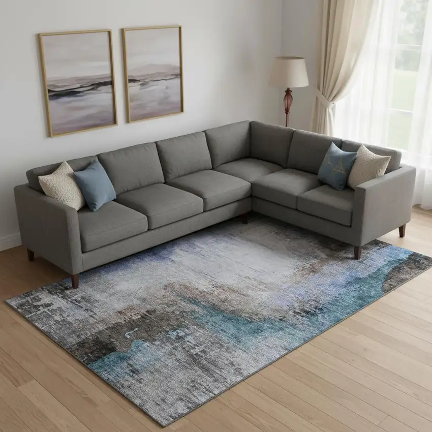 Brown And Blue Abstract Washable Area Rug With UV Protection Photo 2