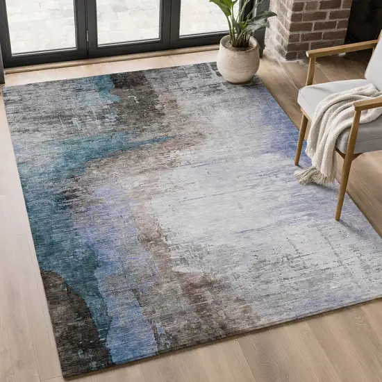 Brown And Blue Abstract Washable Area Rug With UV Protection Photo 5