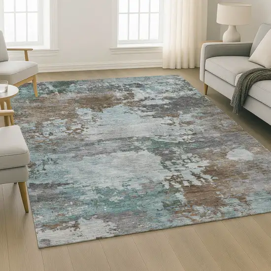 Brown And Blue Abstract Washable Area Rug With UV Protection Photo 6