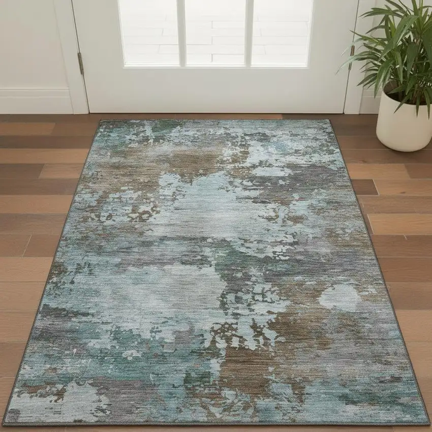 Brown And Blue Abstract Washable Area Rug With UV Protection Photo 2