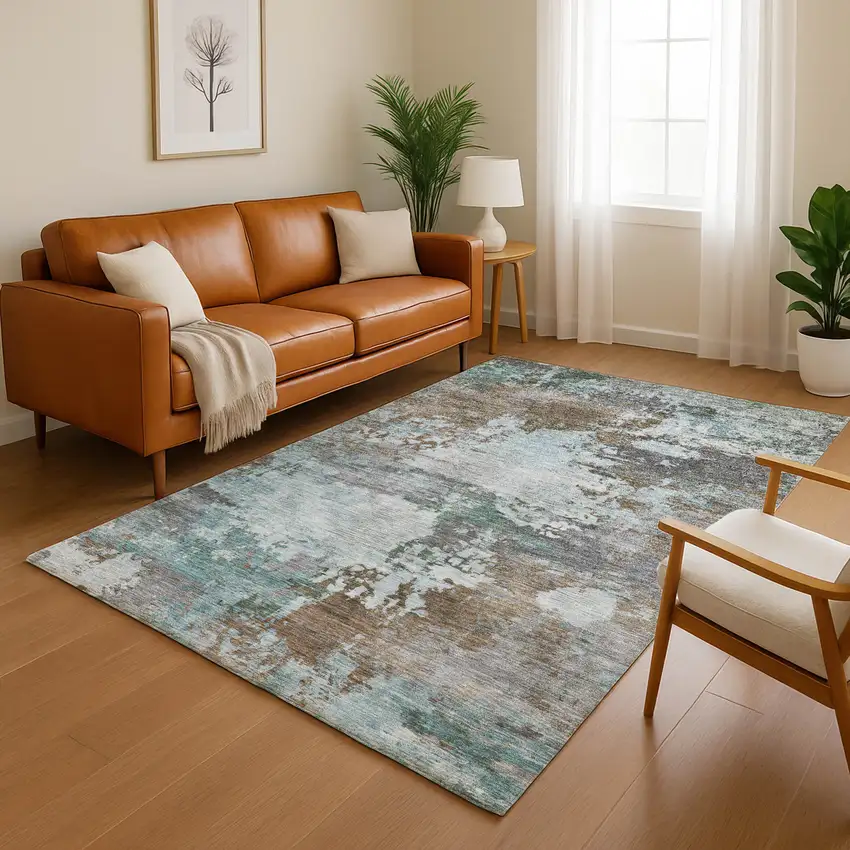 Brown And Blue Abstract Washable Area Rug With UV Protection Photo 5