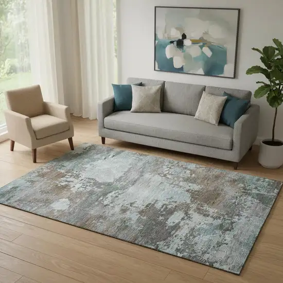 Brown And Blue Abstract Washable Area Rug With UV Protection Photo 2