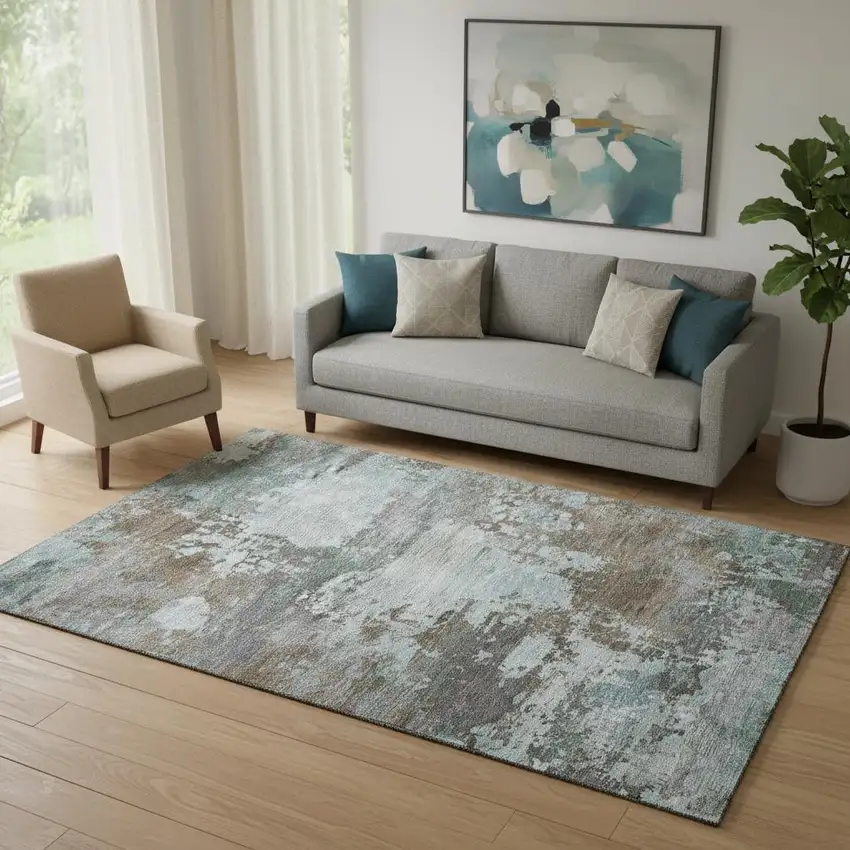 Brown And Blue Abstract Washable Area Rug With UV Protection Photo 2