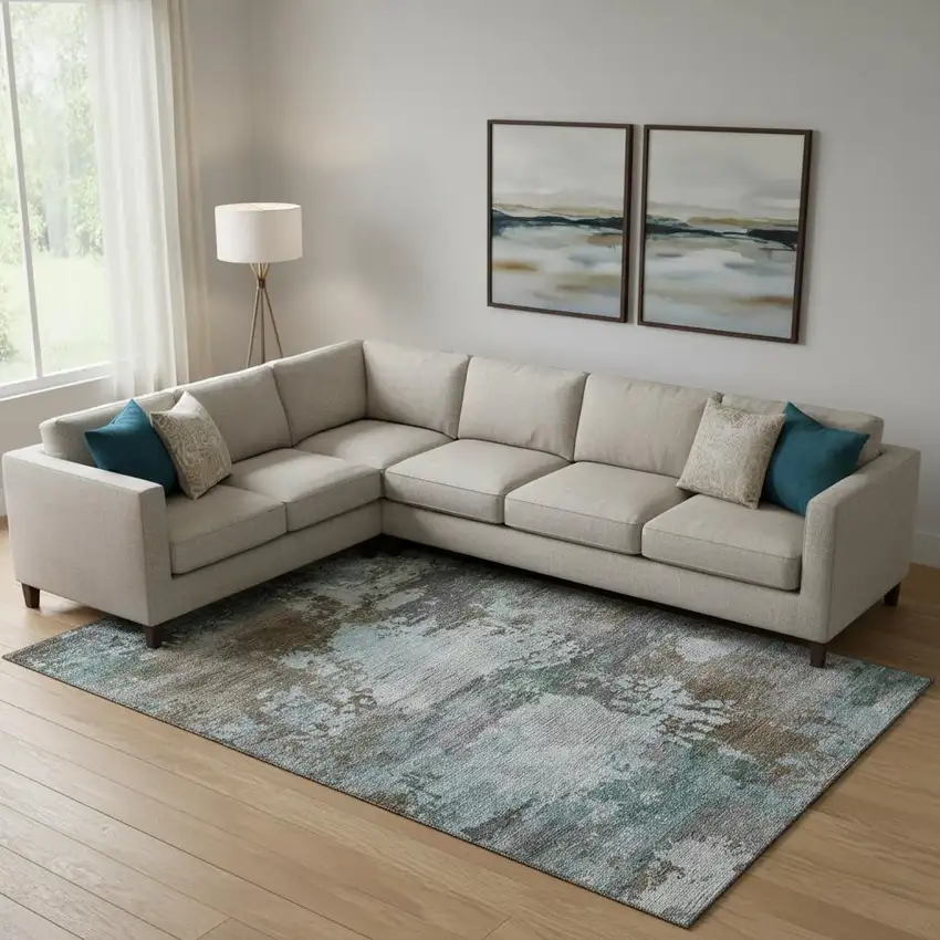 Brown And Blue Abstract Washable Area Rug With UV Protection Photo 2