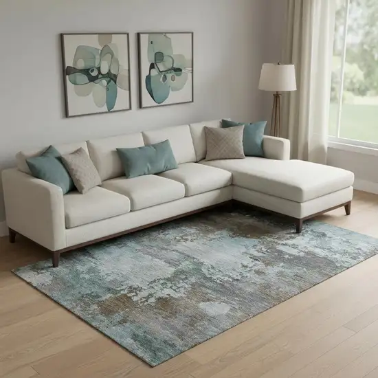 Brown And Blue Abstract Washable Area Rug With UV Protection Photo 2