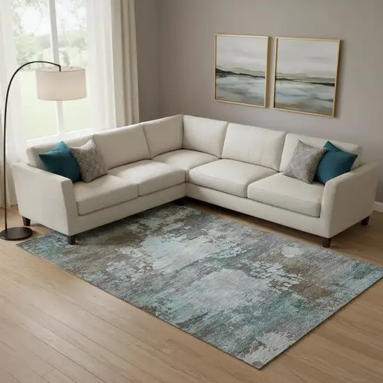 Brown And Blue Abstract Washable Area Rug With UV Protection Photo 2