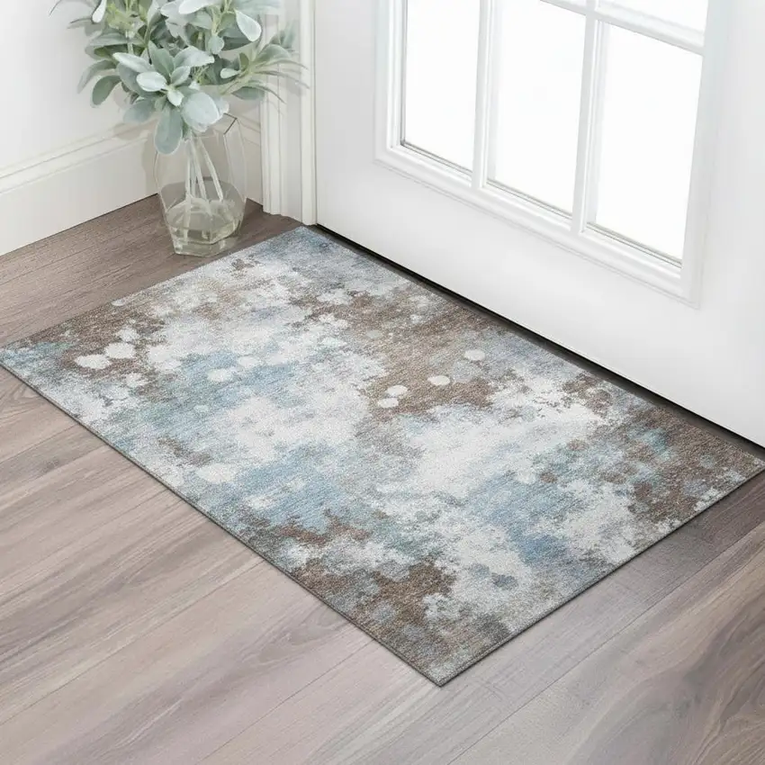 Brown And Blue Abstract Washable Area Rug With UV Protection Photo 2