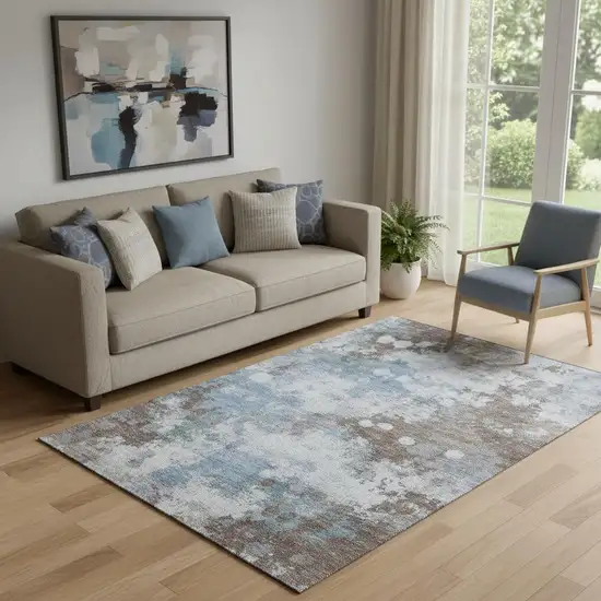 Brown And Blue Abstract Washable Area Rug With UV Protection Photo 2