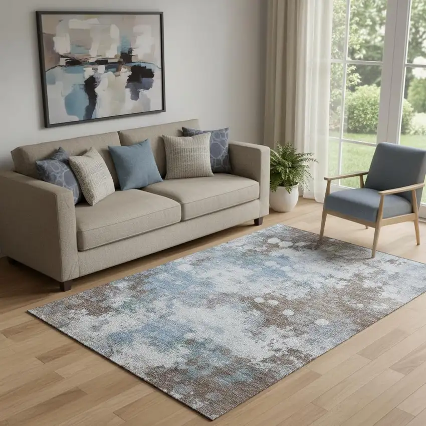 Brown And Blue Abstract Washable Area Rug With UV Protection Photo 2