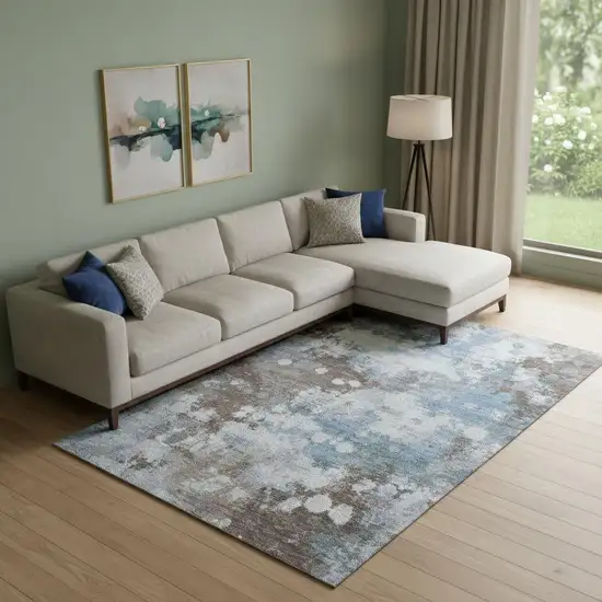 Brown And Blue Abstract Washable Area Rug With UV Protection Photo 2