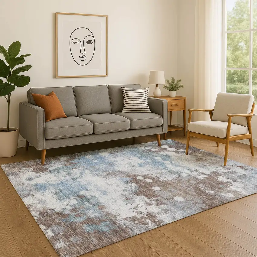 Brown And Blue Abstract Washable Area Rug With UV Protection Photo 4