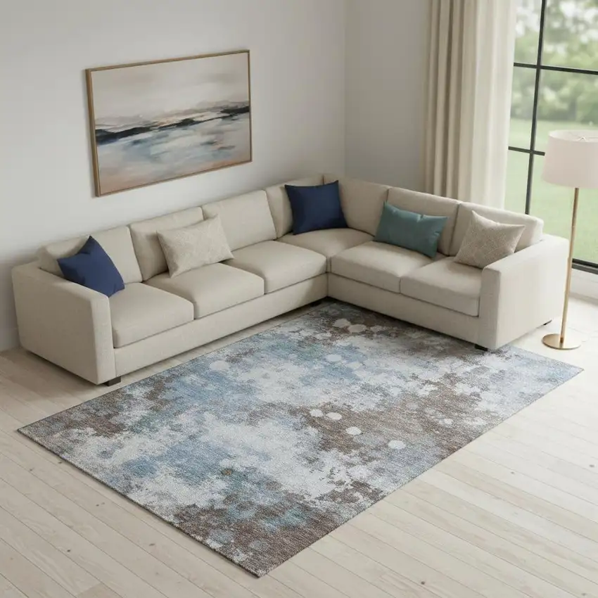 Brown And Blue Abstract Washable Area Rug With UV Protection Photo 2