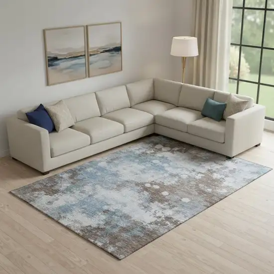Brown And Blue Abstract Washable Area Rug With UV Protection Photo 2
