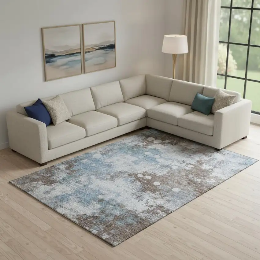 Brown And Blue Abstract Washable Area Rug With UV Protection Photo 2