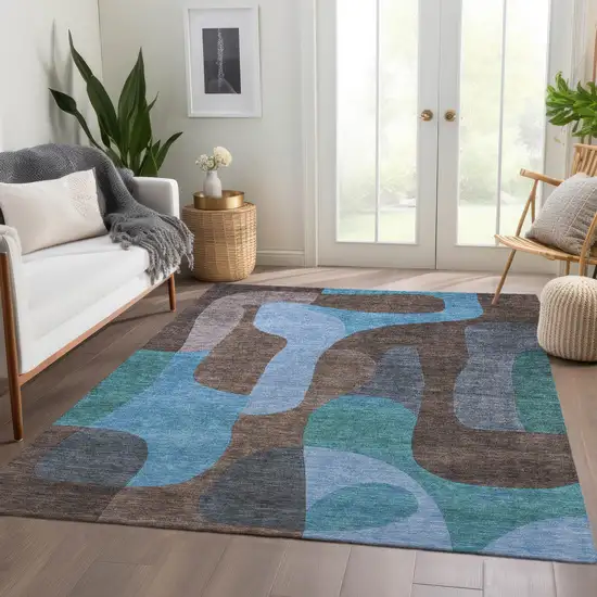 Brown And Blue Abstract Washable Indoor Outdoor Area Rug Photo 6