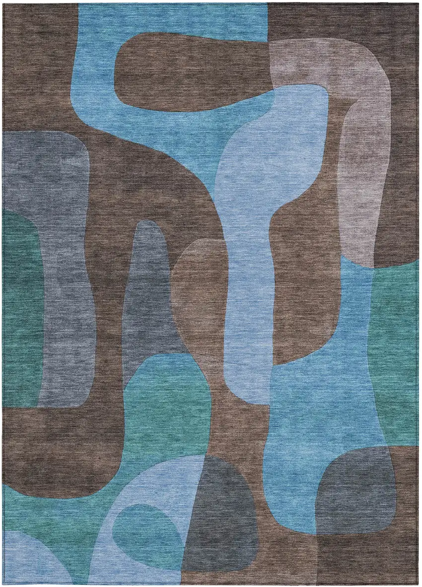 Brown And Blue Abstract Washable Indoor Outdoor Area Rug Photo 3