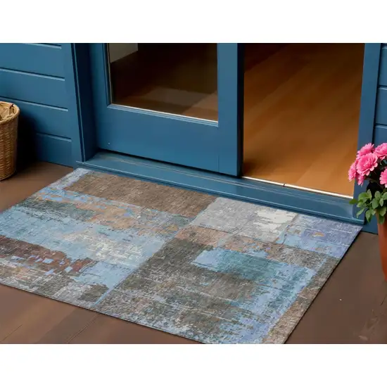 Brown And Blue Abstract Washable Indoor Outdoor Area Rug Photo 2