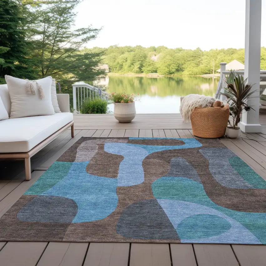 Brown And Blue Abstract Washable Indoor Outdoor Area Rug Photo 4