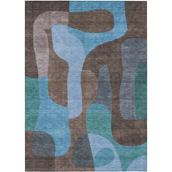 Brown And Blue Abstract Washable Indoor Outdoor Area Rug Photo 1