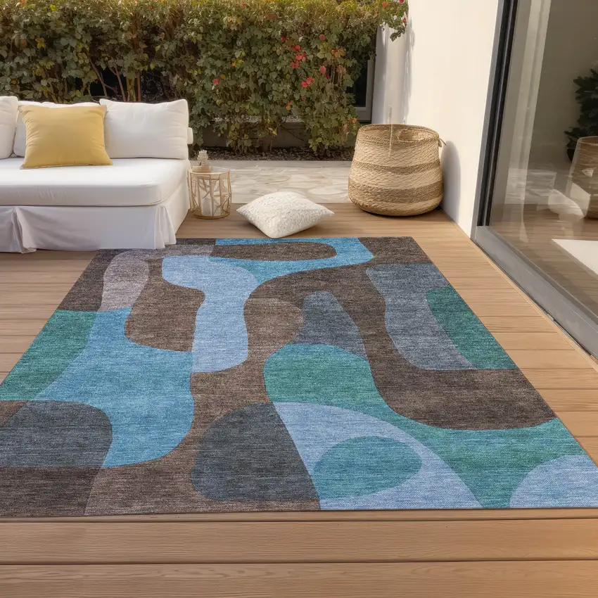 Brown And Blue Abstract Washable Indoor Outdoor Area Rug Photo 8